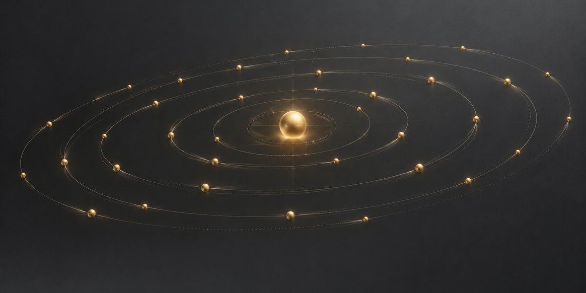 Gold nodes travelling on orderly orbital paths around a central hub