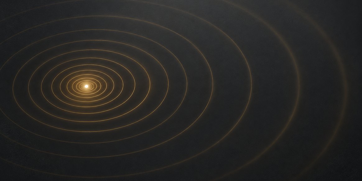 Gold concentric ripples spreading outward across a dark field from a single bright point