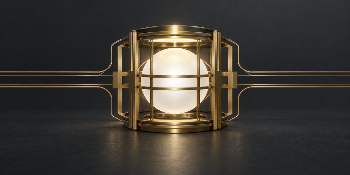 A luminous core held inside a gold framework of guard rails