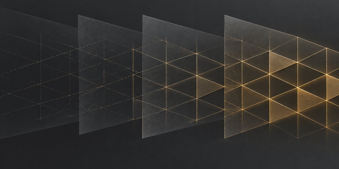 A gold diagnostic grid sweeping across layered planes, some areas resolved and others still faint