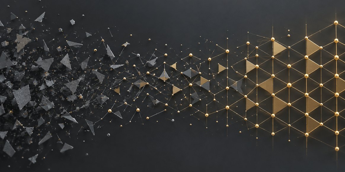 A scatter of dark fragments resolving left to right into an ordered gold lattice