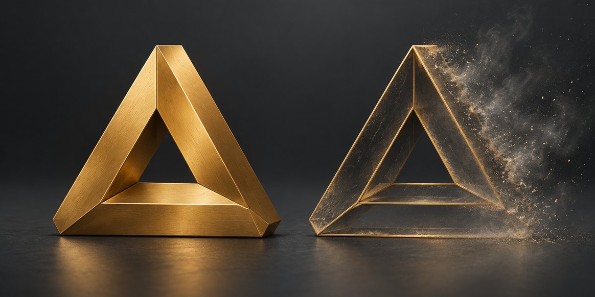 A solid machined gold form beside a hollow shell of the same shape dissolving into haze