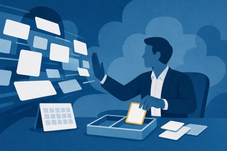 Flat illustration of a business leader at a desk holding up a hand against a wall of floating announcement cards, with a calendar and tablet beside him.