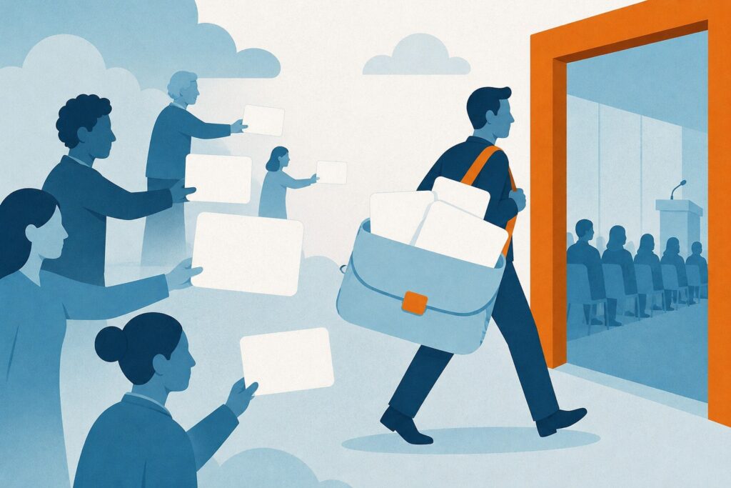 Flat illustration of several people handing written notes to a person carrying a briefcase through a doorway into a conference auditorium.