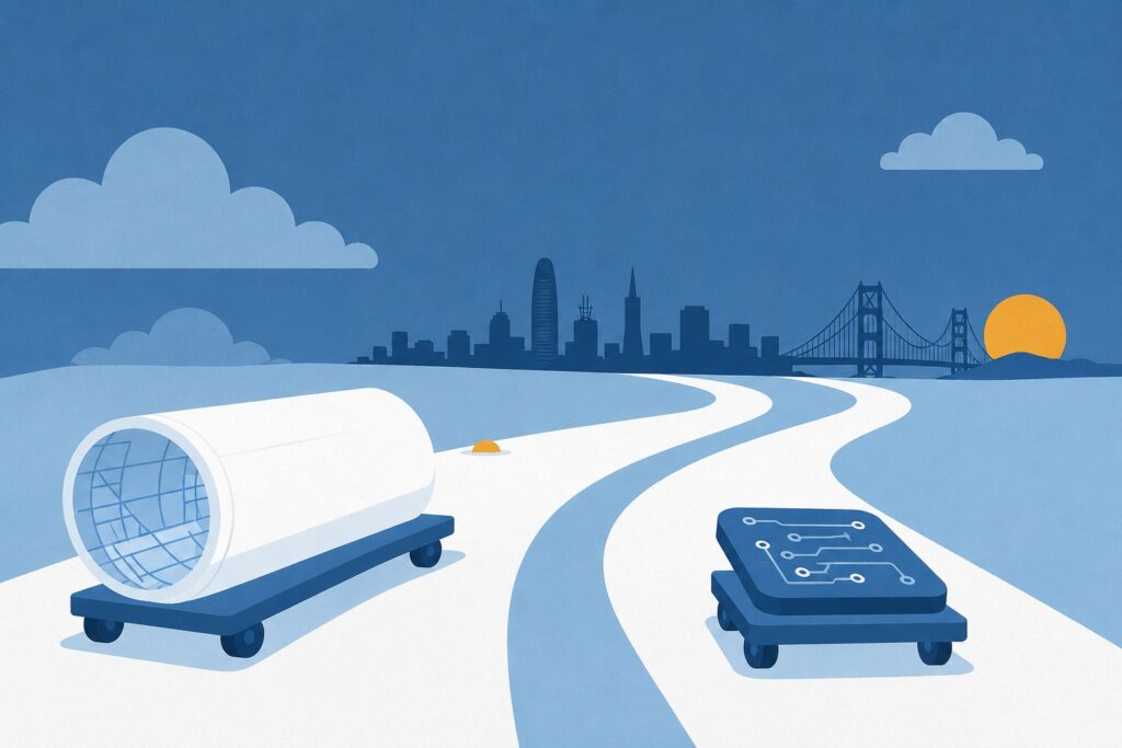 Flat illustration of a road curving toward the San Francisco skyline and the Golden Gate Bridge at sunset, with two wheeled cases travelling along it.