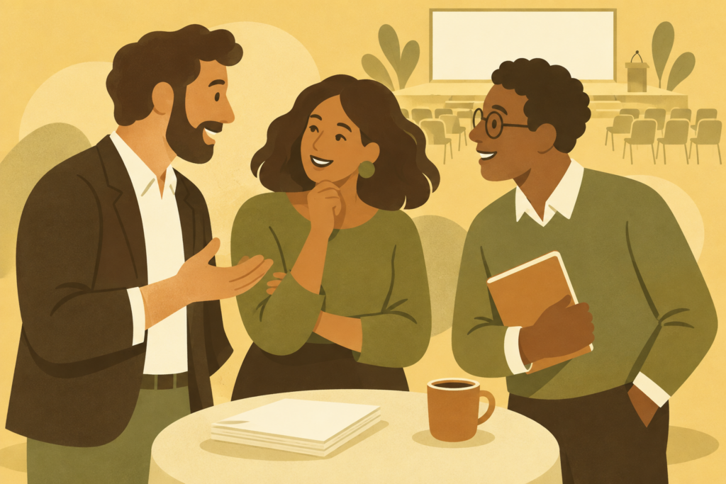 Flat illustration in warm gold and olive of three people standing in animated conversation around a small table with coffee and papers, with an empty presentation stage and rows of empty chairs small in the background