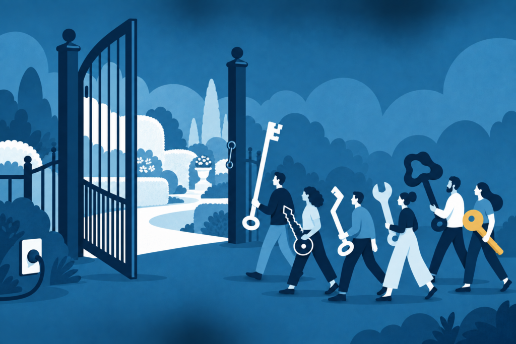 Flat illustration in deep blue of a garden gate standing open with its latch loose and no one at it, a crowd of people walking toward it each carrying a different oversized home-made key, one of them gold, and a small plug already seated in a wall socket in the corner