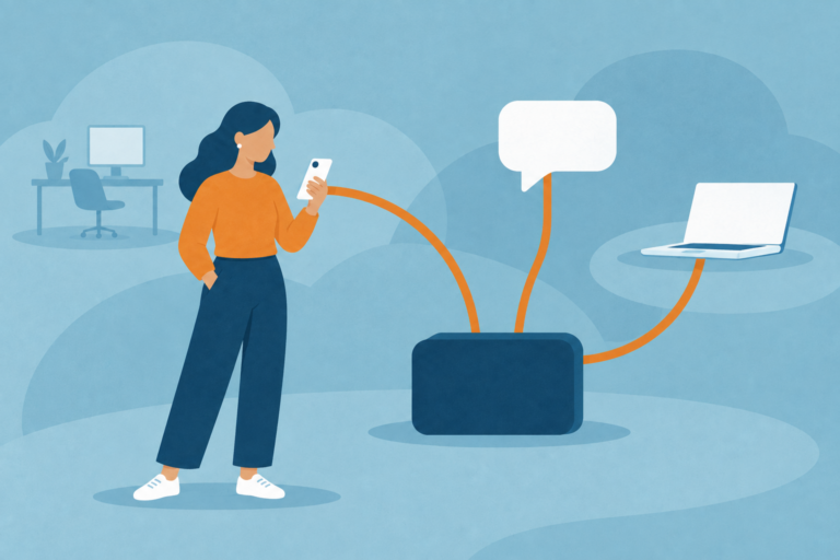 Flat illustration in blue-grey and orange of a person standing away from an empty desk holding a phone, with orange lines running from the phone, a speech bubble and a laptop into one plain dark block