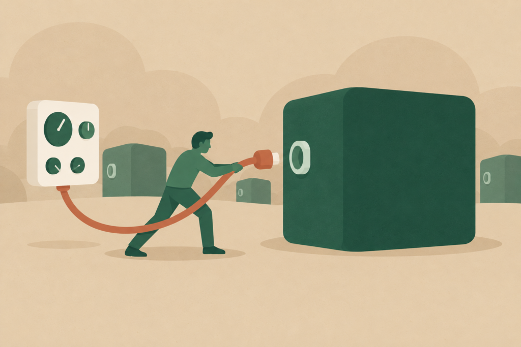 Flat illustration in forest green and warm sand of a person leaning back to haul a terracotta cord and plug across open floor toward a large sealed green box with an unused round socket on its side, an outlet panel on the wall behind them, and three more identical boxes standing further back with no one at them