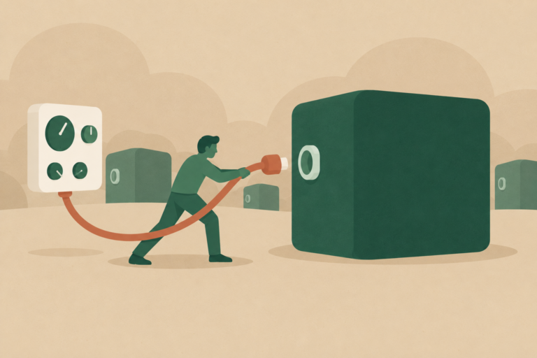 Flat illustration in forest green and warm sand of a person leaning back to haul a terracotta cord and plug across open floor toward a large sealed green box with an unused round socket on its side, an outlet panel on the wall behind them, and three more identical boxes standing further back with no one at them