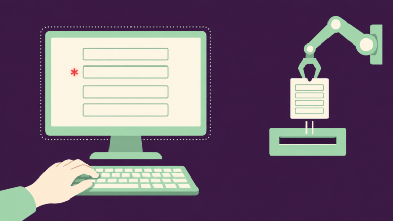 Flat illustration in deep purple and mint green of a hand at a keyboard filling in an on-screen form with one field marked by a red asterisk, a dotted line marking the edge of the screen, while a robot arm off to the side drops a record card with that field blank straight into a filing slot