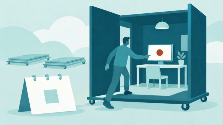 Flat illustration in teal and copper of a person stepping through the open doorway of a small one-room office built on a wheeled platform, reaching toward a single copper button on the monitor inside, with a blank calendar leaf propped in front and two more rooms folded flat on their platforms in the background