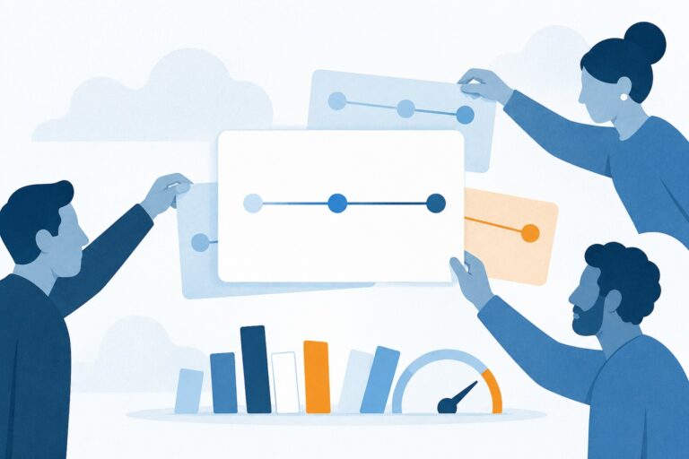 Flat illustration of three colleagues each adjusting a different version of the same simple process diagram.