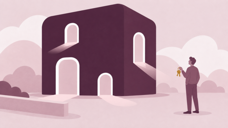 Flat illustration in deep plum and pale rose of a solid building with four new white-framed doorways cut into its walls at different heights, light spilling out of each one onto the ground, while a figure standing outside holds up a ring of gold keys and a low garden wall to the left runs a short way and simply stops.
