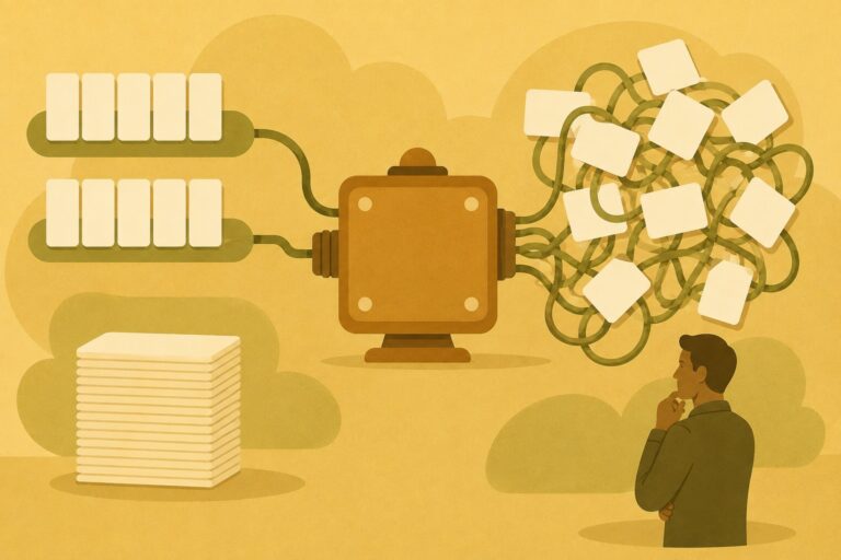 Flat illustration on a gold background of a machine fed by neat stacked inputs on one side and producing a tangle of knotted notes on the other, watched by a man.