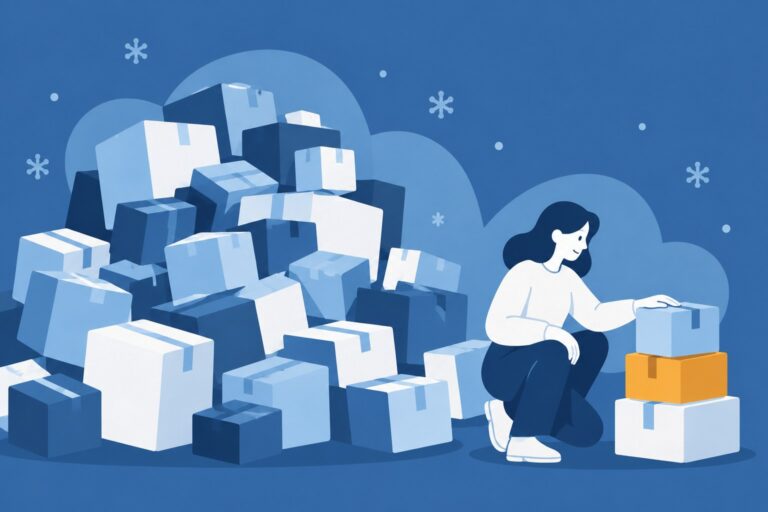 Flat illustration of a person calmly choosing three boxes, one amber, from a large pile of delivered parcels, with faint snowflakes in the background.